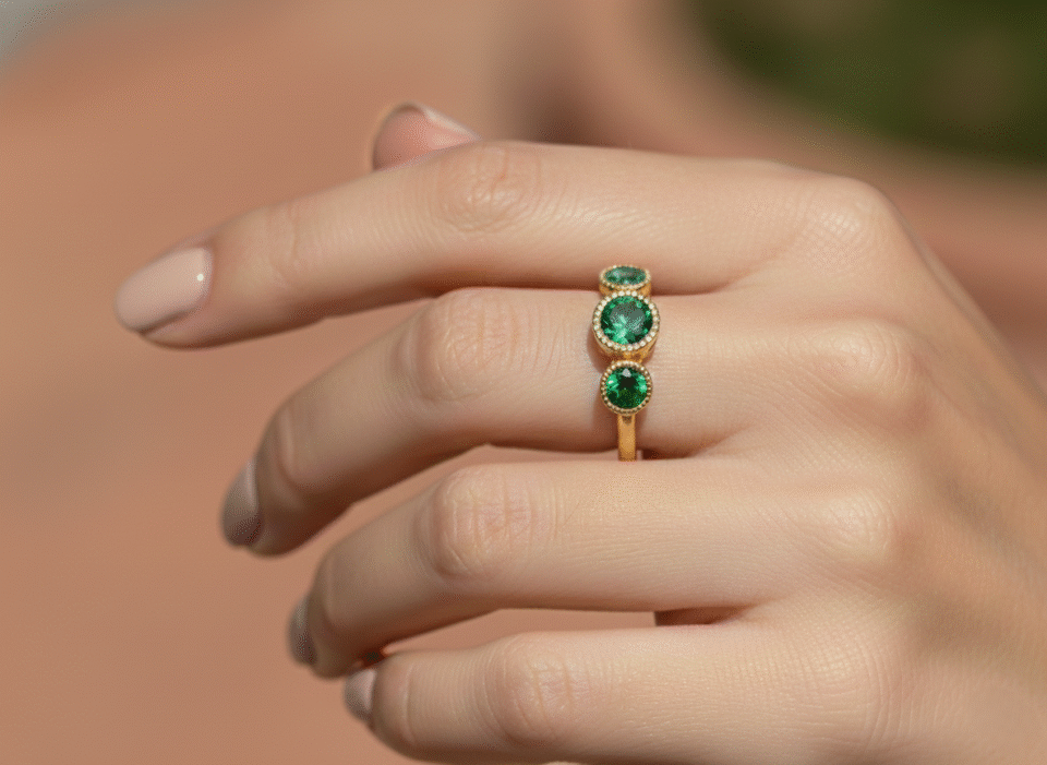 gold plated ring with three green onyx stones – minimalist gemstone ring for women – handcrafted jaipur jewelry