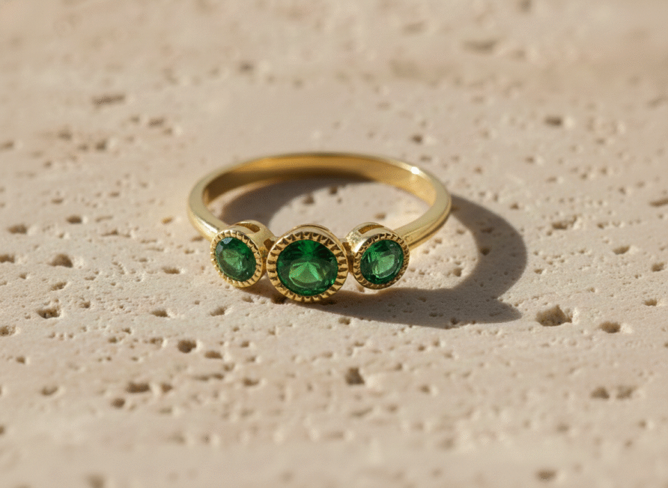 green onyx triple stone gold ring on textured surface – elegant gemstone jewelry – leading jewelry manufacturer in jaipur