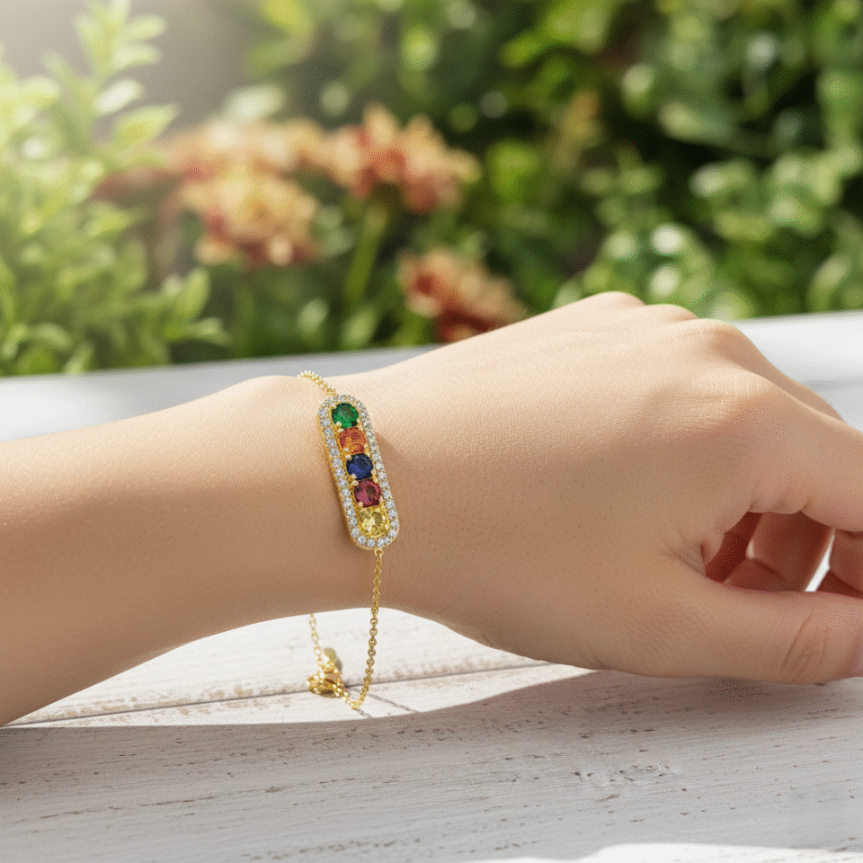 Luxury gold-plated bracelet showcasing colorful gemstones—Kyanite, Garnet, Carnelian, Citrine, Green Onyx, and Natural Zircon—with sparkling CZ halo. Perfect accessory for festive, casual, and party wear.