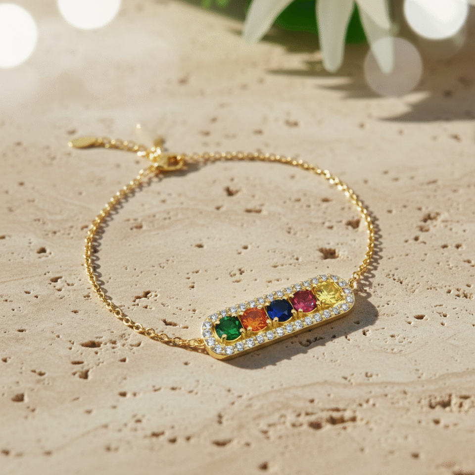 Gold-plated sterling silver bracelet featuring Kyanite, Garnet, Carnelian, Citrine, Green Onyx, and Natural Zircon gemstones with CZ detailing. Colorful designer bracelet for women, perfect for gifting and daily wear.