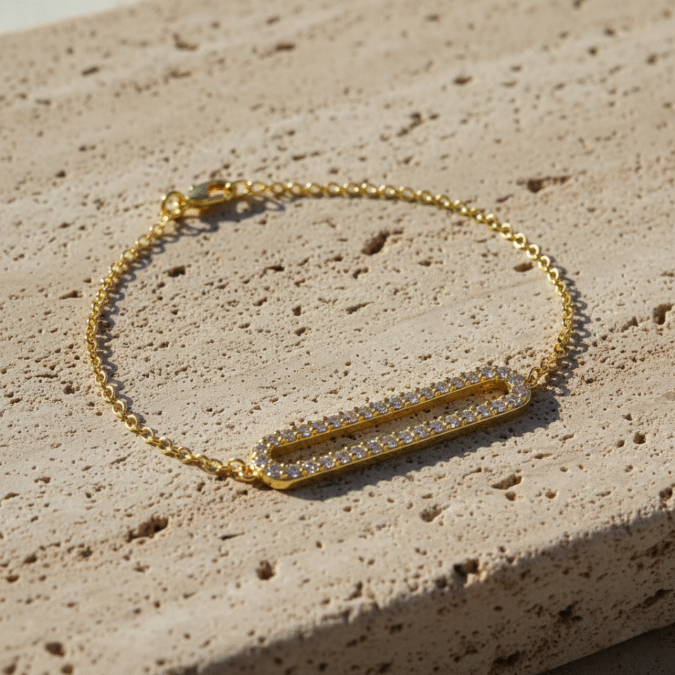 Gold plated delicate chain bracelet with rectangular CZ stone bar, minimal jewelry for women.”
