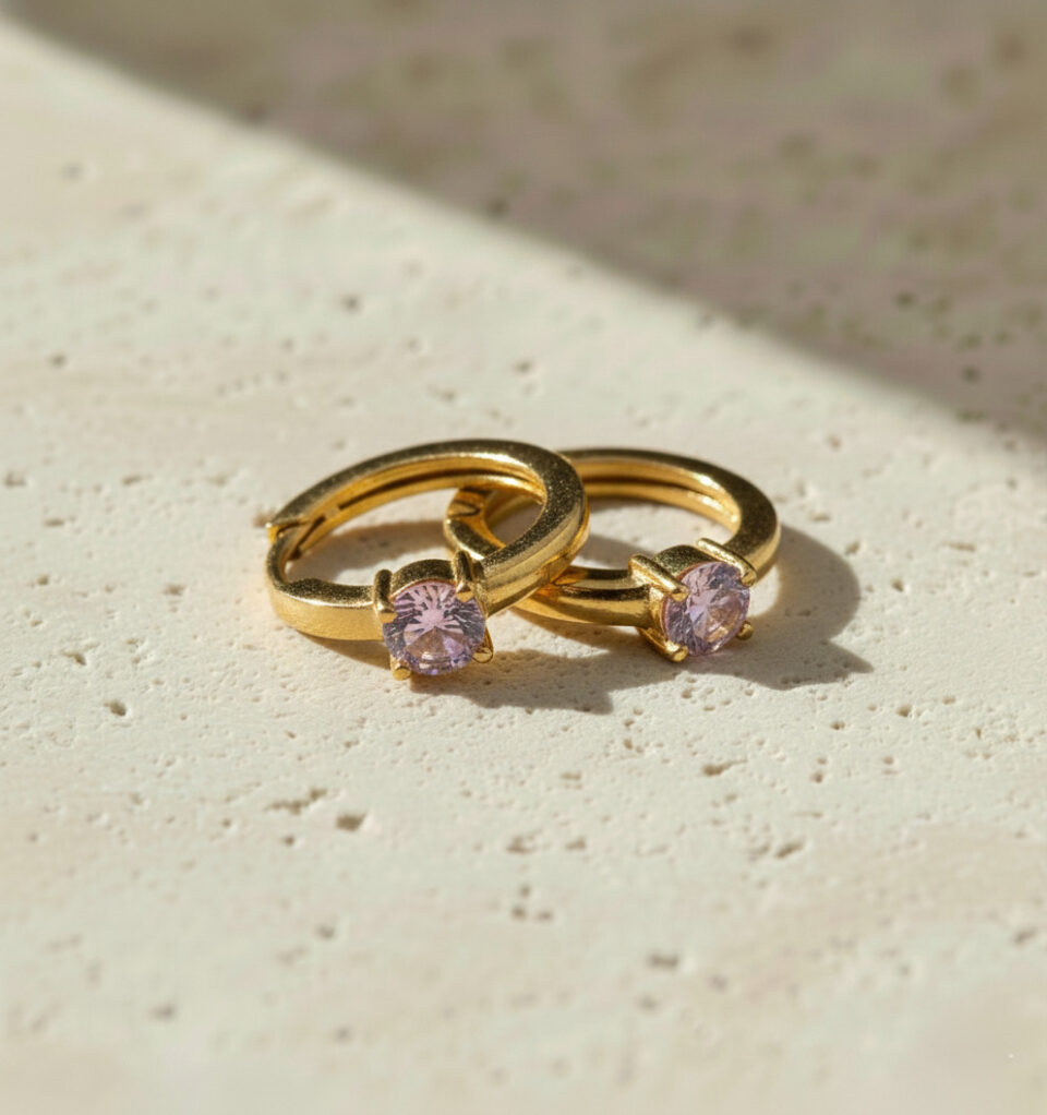 Lightweight gold hoops with pink quartz stone