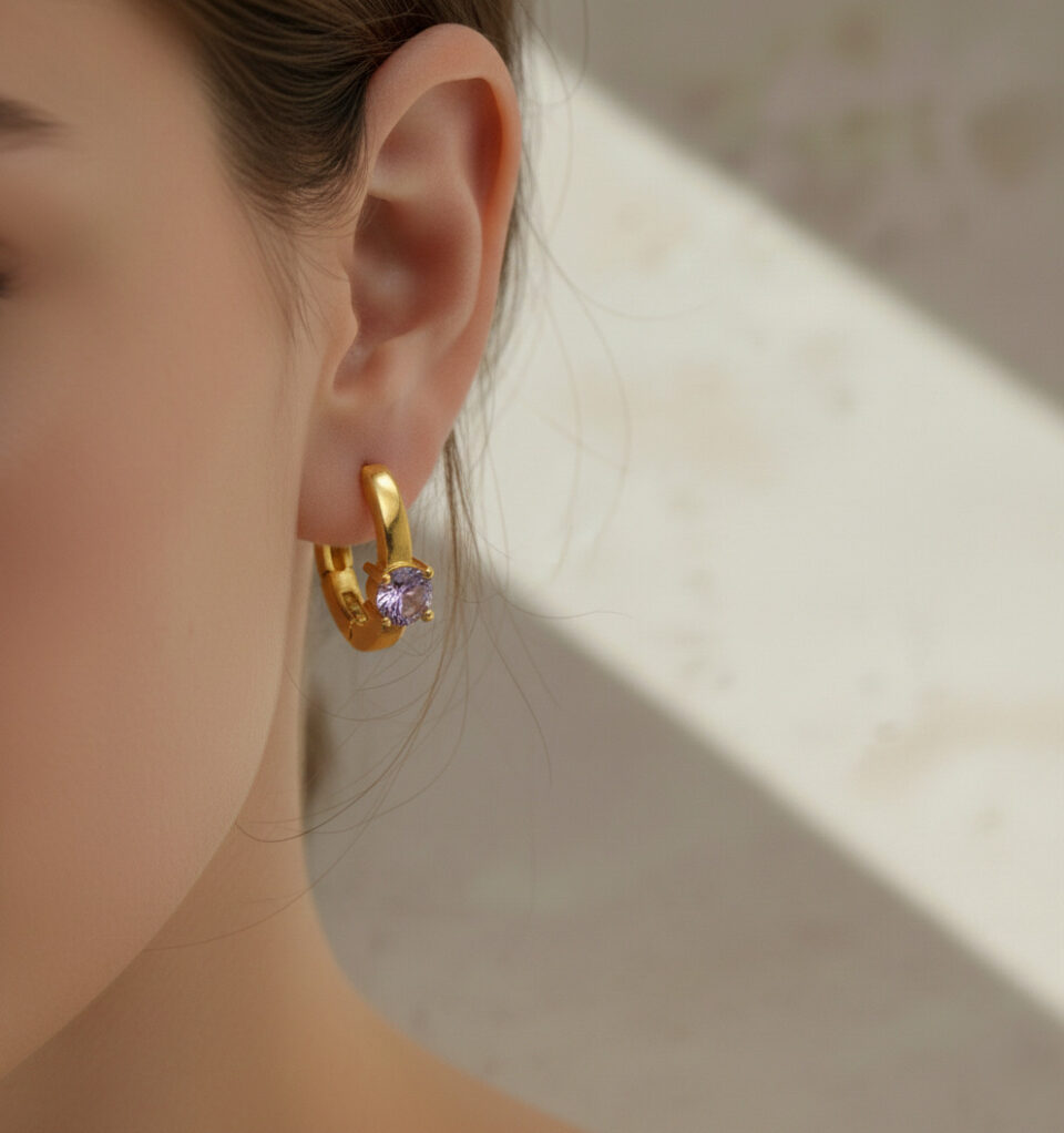 Elegant gold plated hoops with round pink quartz gemstone