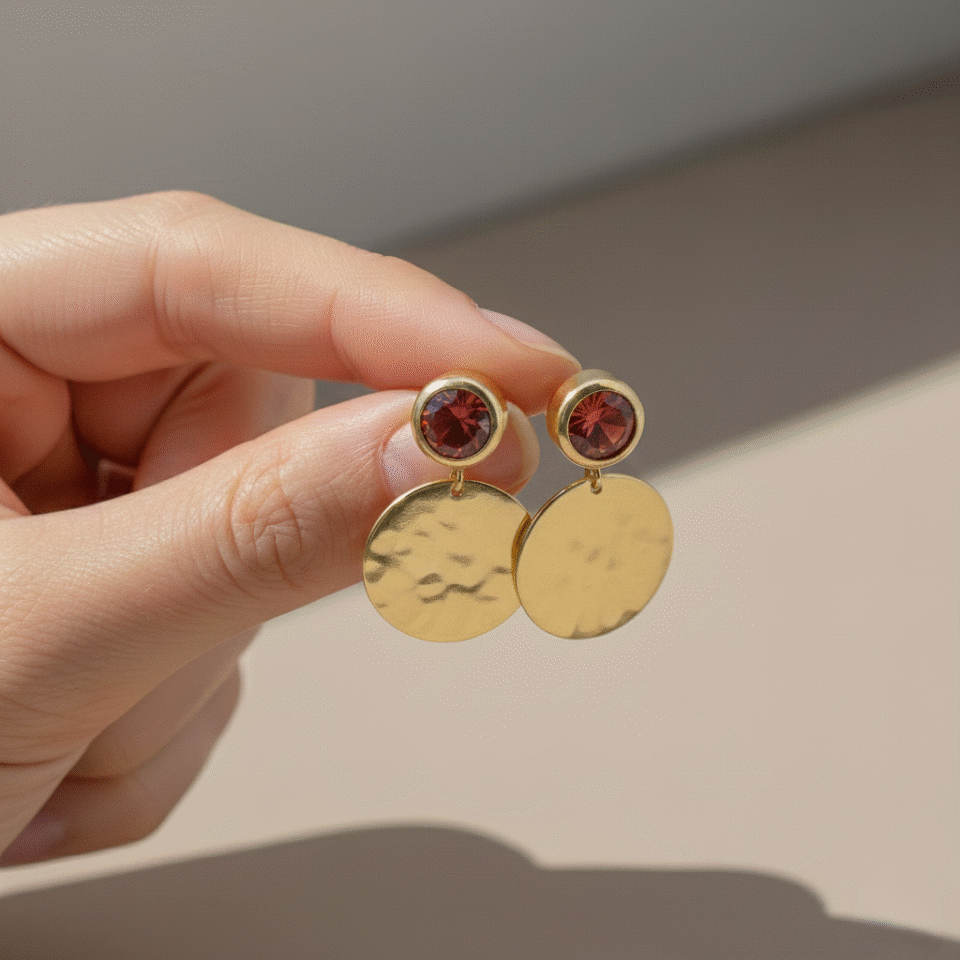 Red stone drop earrings with textured gold disc