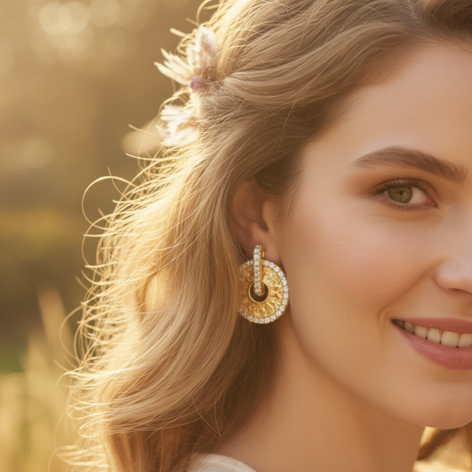 Gold hammered disc earrings with CZ halo detailing.