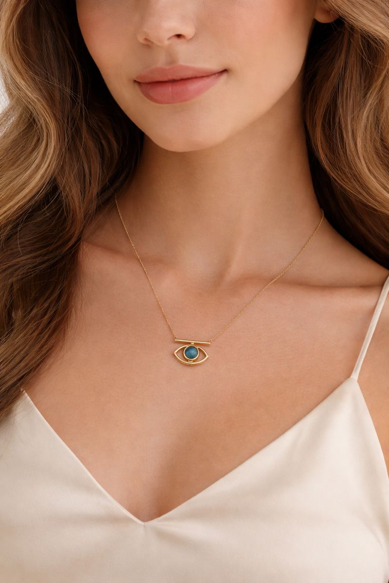 Blue gemstone evil eye necklace handcrafted by Jaipur jewelry manufacturer