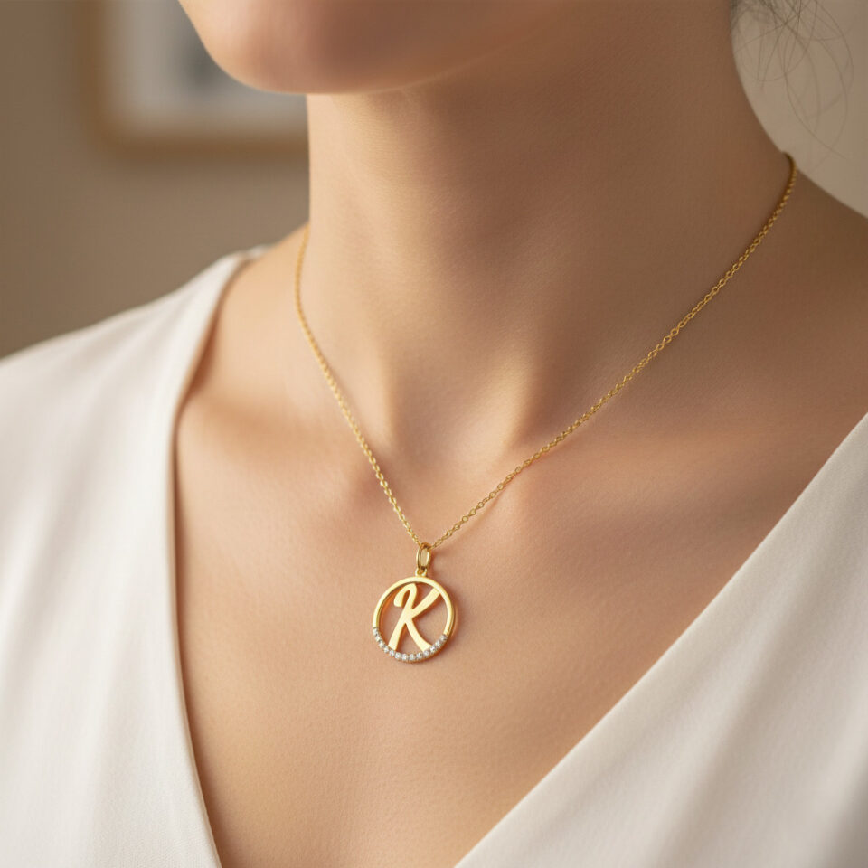 Gold K initial pendant necklace with CZ stones, elegant alphabet jewelry crafted by Jaipur jewelry manufacturer