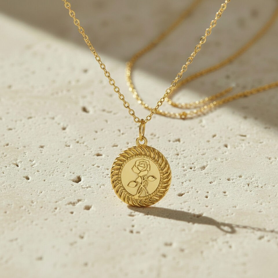 Floral rose engraved gold coin pendant