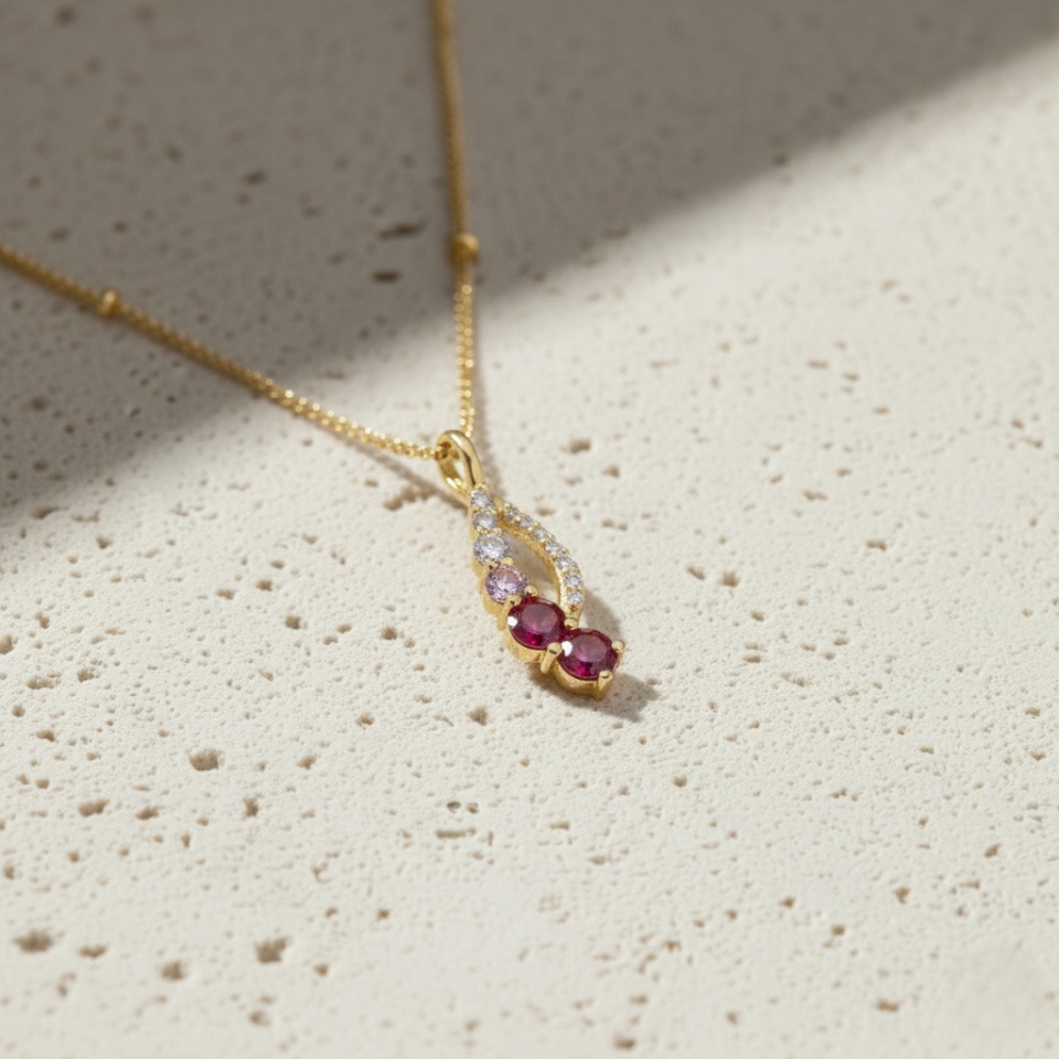 Rose quartz and ruby gold pendant necklace with CZ accents, handcrafted gemstone jewelry by Jaipur manufacturer