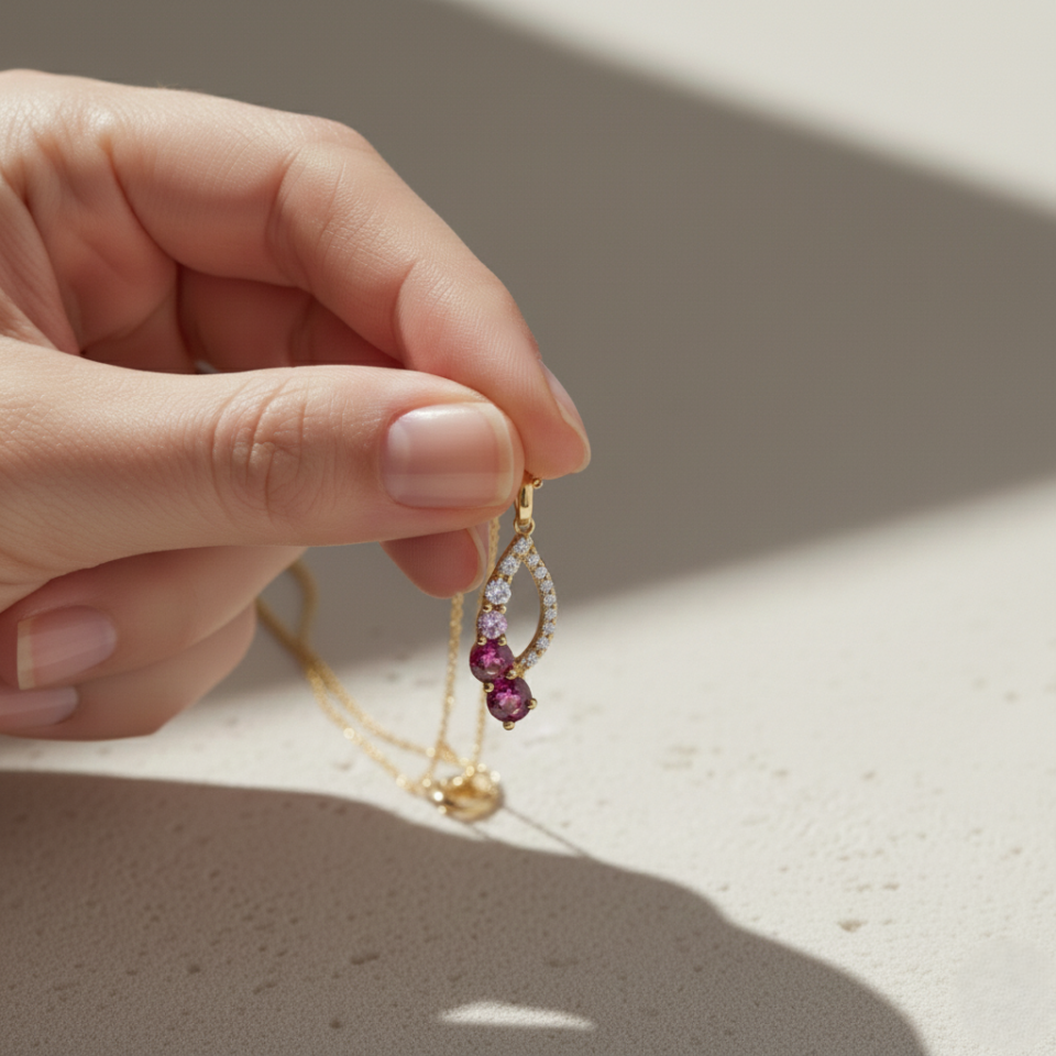 Minimal rose quartz ruby necklace in gold finish, handcrafted gemstone jewelry from Jaipur