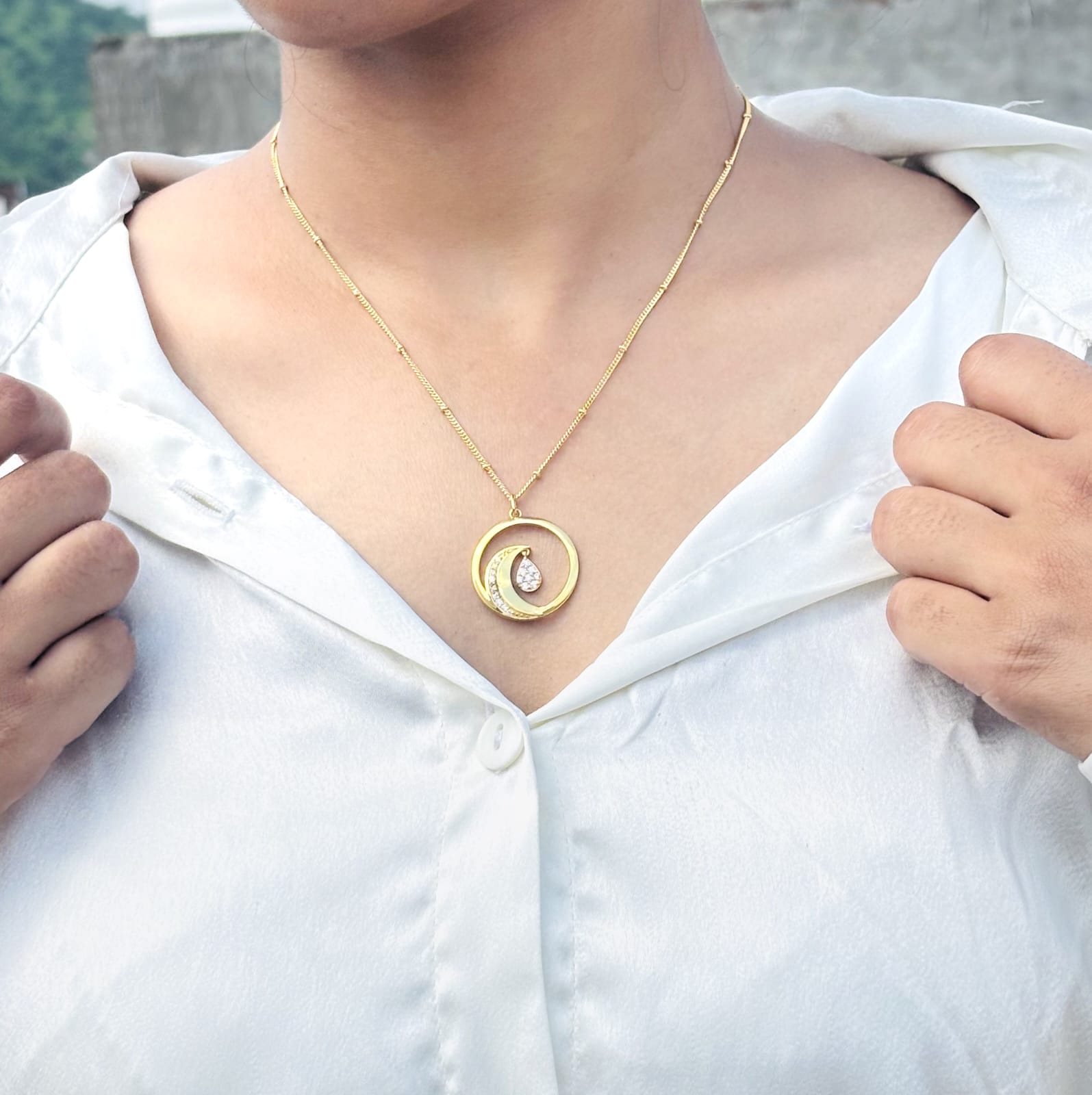 Moon & Teardrop CZ Pendant Necklace for Women