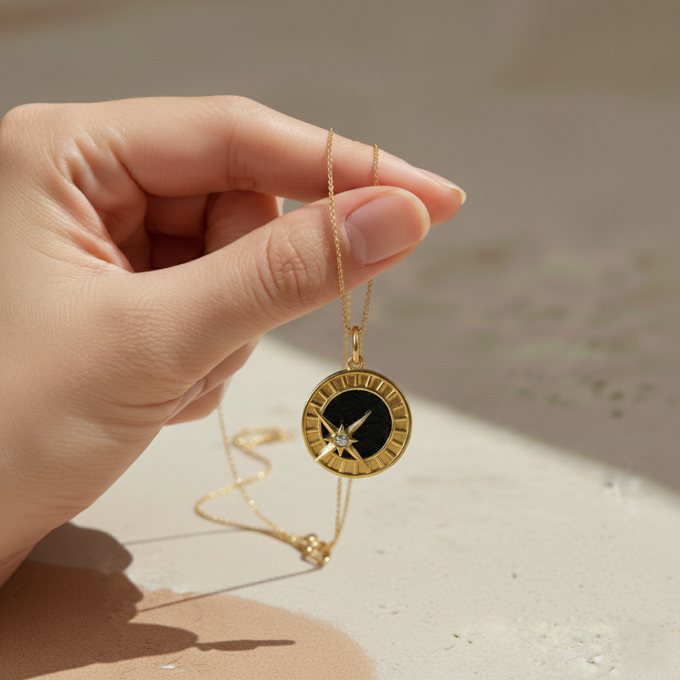 Minimal black enamel round pendant with gold star design