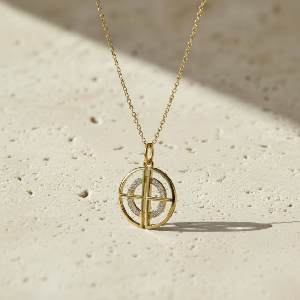 Fashion gold pendant necklace with crystal-studded inner ring