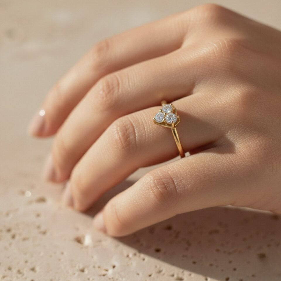 gold heart shape ring featuring triple cz cluster, elegant and lightweight jewelry piece