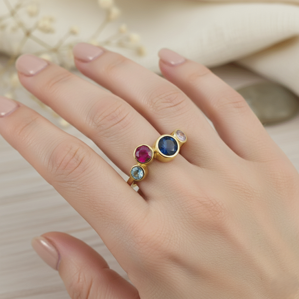 colorful gemstone cluster ring featuring kyanite, pink garnet, rose quartz and sky blue topaz, gold plated band
