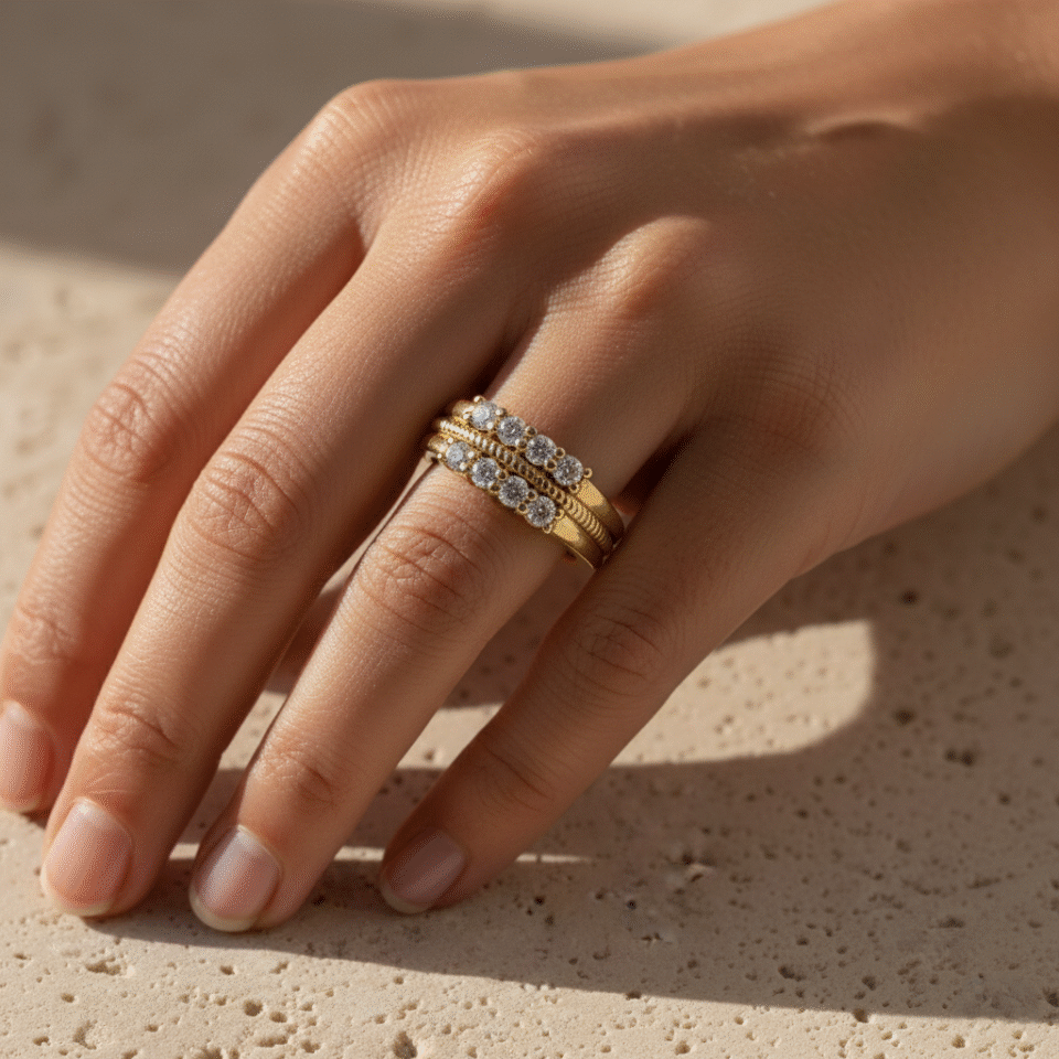 luxury gold plated double line cz ring with bright cubic zirconia stones, premium wedding band crafted by leading jewelry manufacturer in jaipur