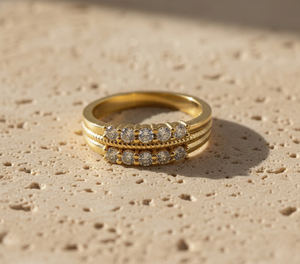 gold double row cz half eternity ring with sparkling round stones, elegant bridal stackable band by leading jewelry manufacturer in jaipur