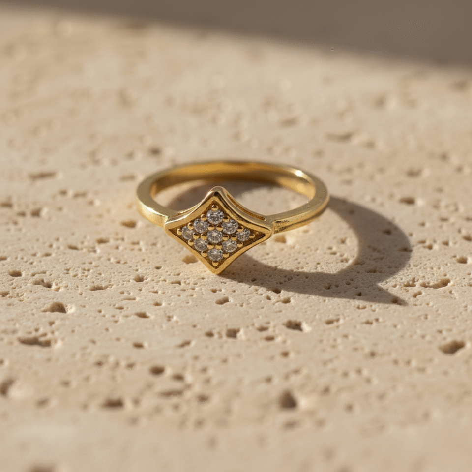 Elegant gold-plated ring with diamond-style cluster stones in a square floral design, perfect minimal daily wear jewelry