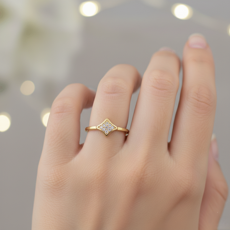 Elegant gold-plated ring with diamond-style cluster stones in a square floral design, perfect minimal daily wear jewelry.