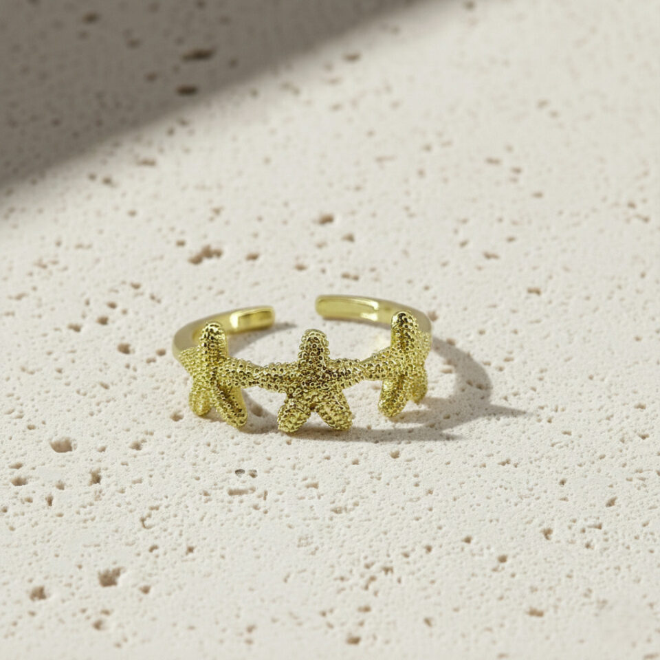 Beach-inspired starfish design gold ring, adjustable open band fashion jewelry