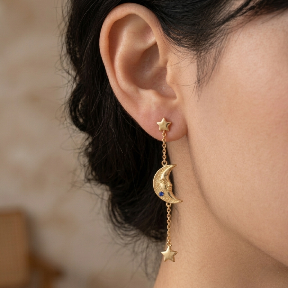 Celestial moon star chain earrings with gemstone