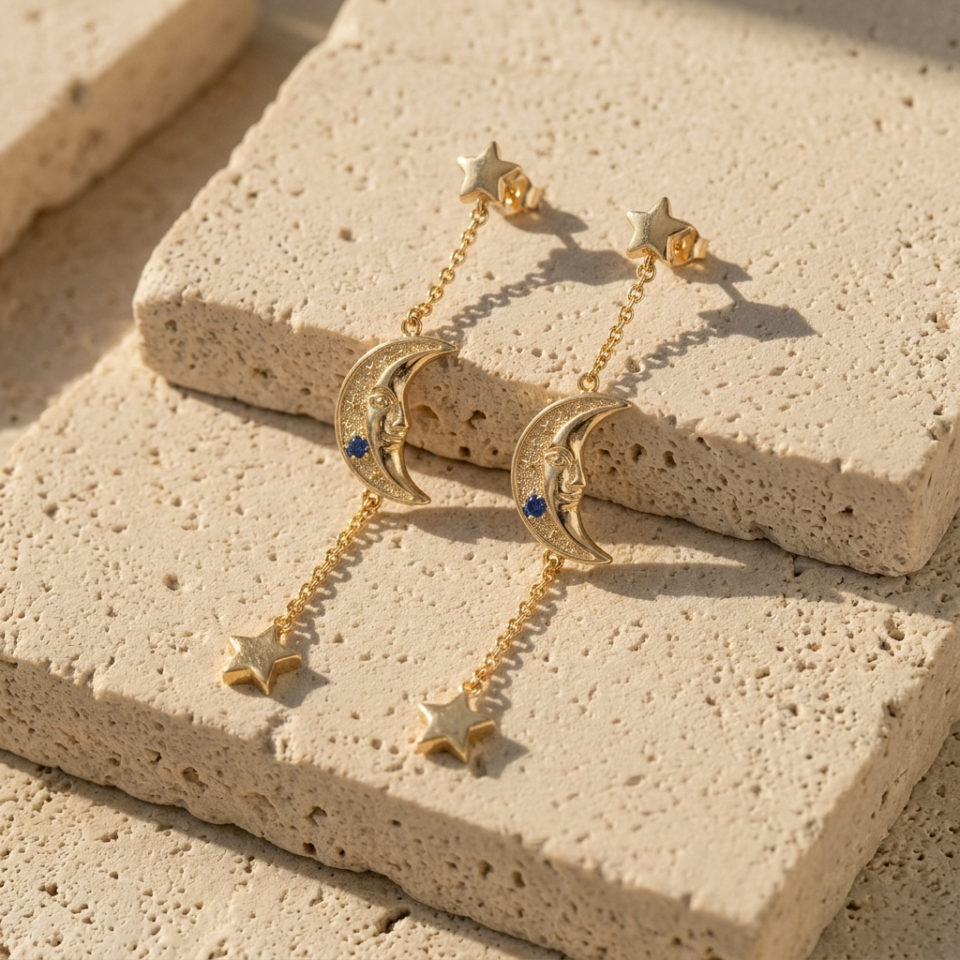 Crescent moon face dangle earrings design