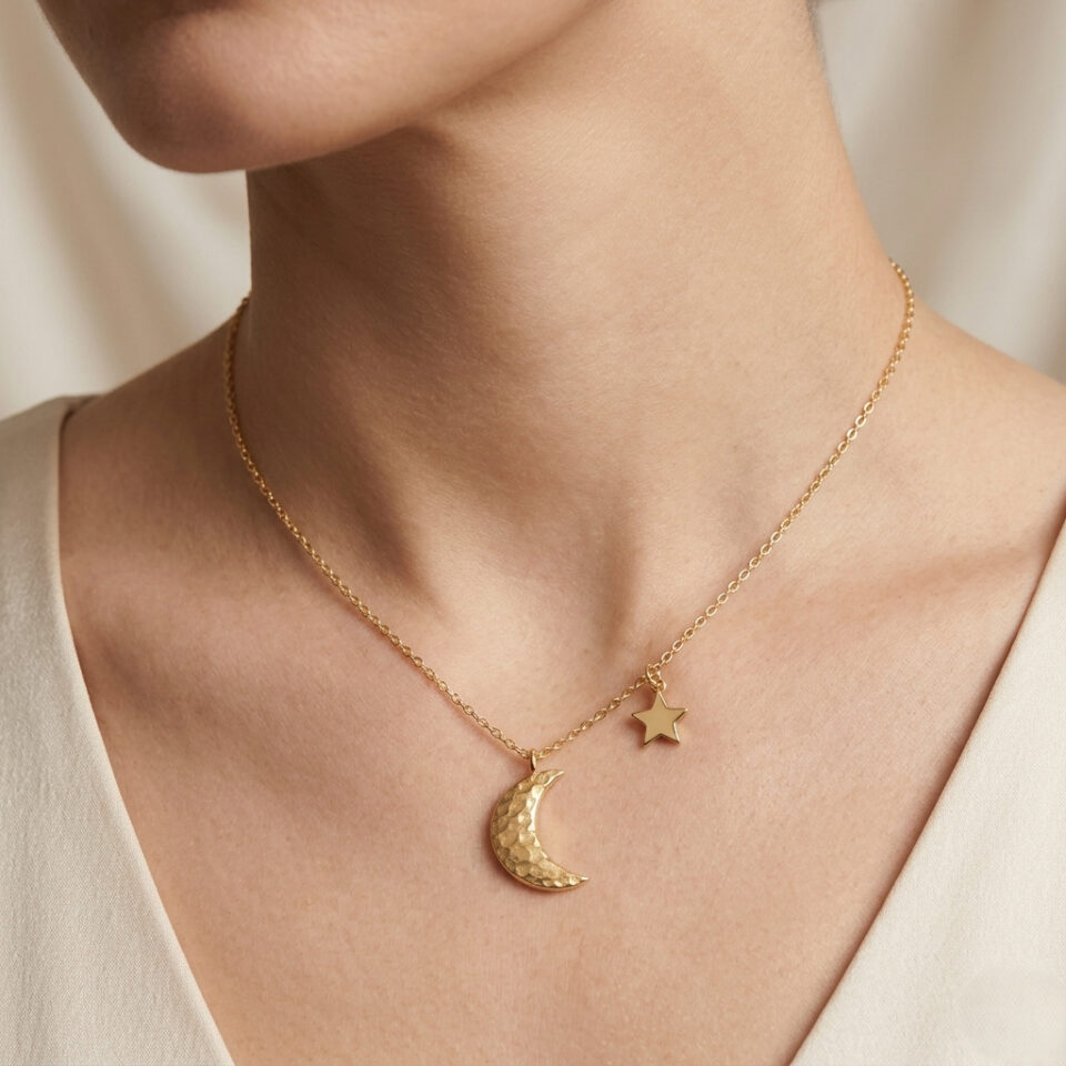 Hammered crescent moon pendant with star charm