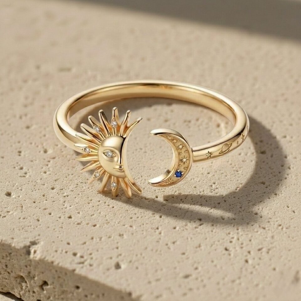 Celestial sun moon ring with gemstone