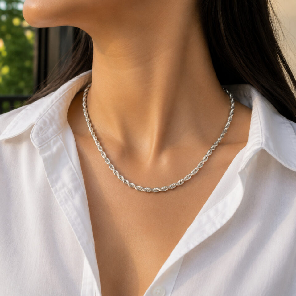 Minimal twisted rope chain necklace with polished gold plated finish.